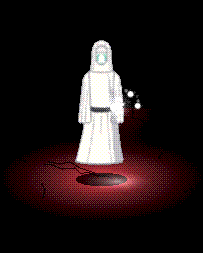 Mitsu, a figure in a long white coat and hood, floating above a red dithered floor